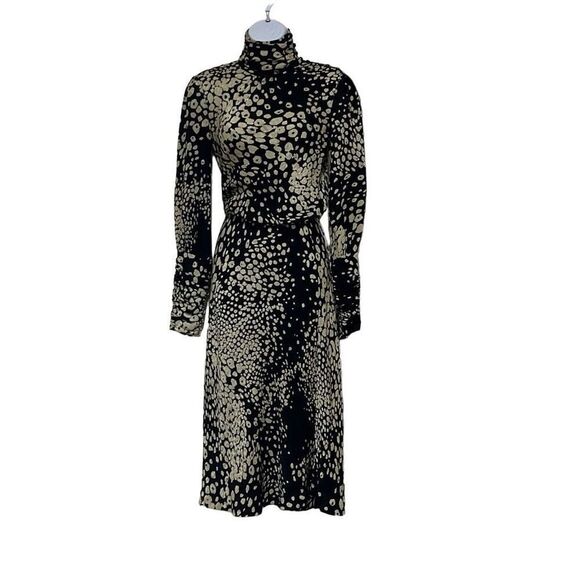 Tuleh Black Gold Animal Leopard Print 100% Silk High Neck Blouson Midi Dress XS - Picture 1 of 12
